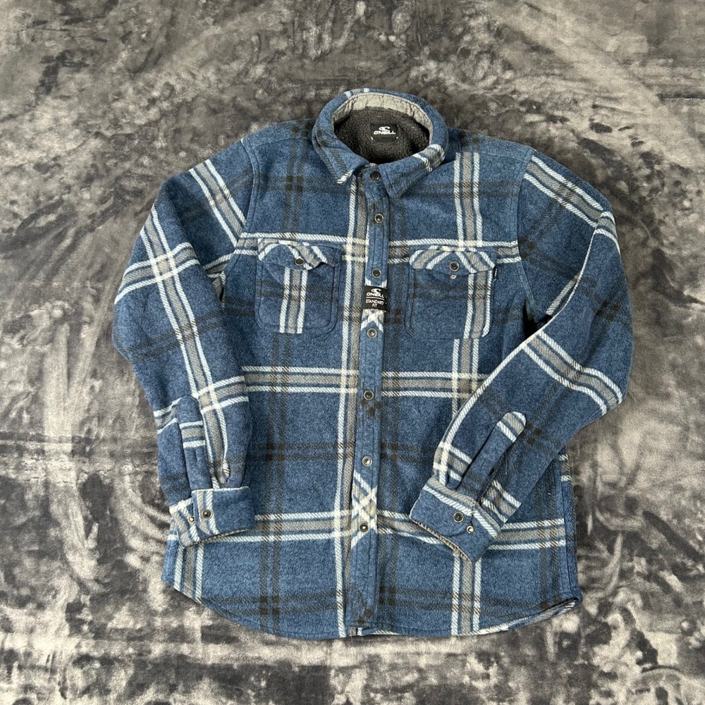 O'Neill Superfleece Shirt Jacket Mens Small Blue Plaid Sherpa Lined Standard Fit
